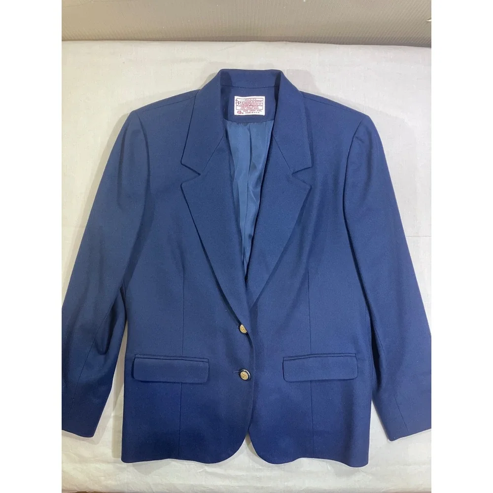 Vintage Pendleton Petite Navy‎ Blue Wool Skirt Suit Set Blazer Size 12 Made USA